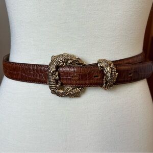 Talbots Brown Genuine Leather and Gold Belt with Crocodile Buckle - Size M
